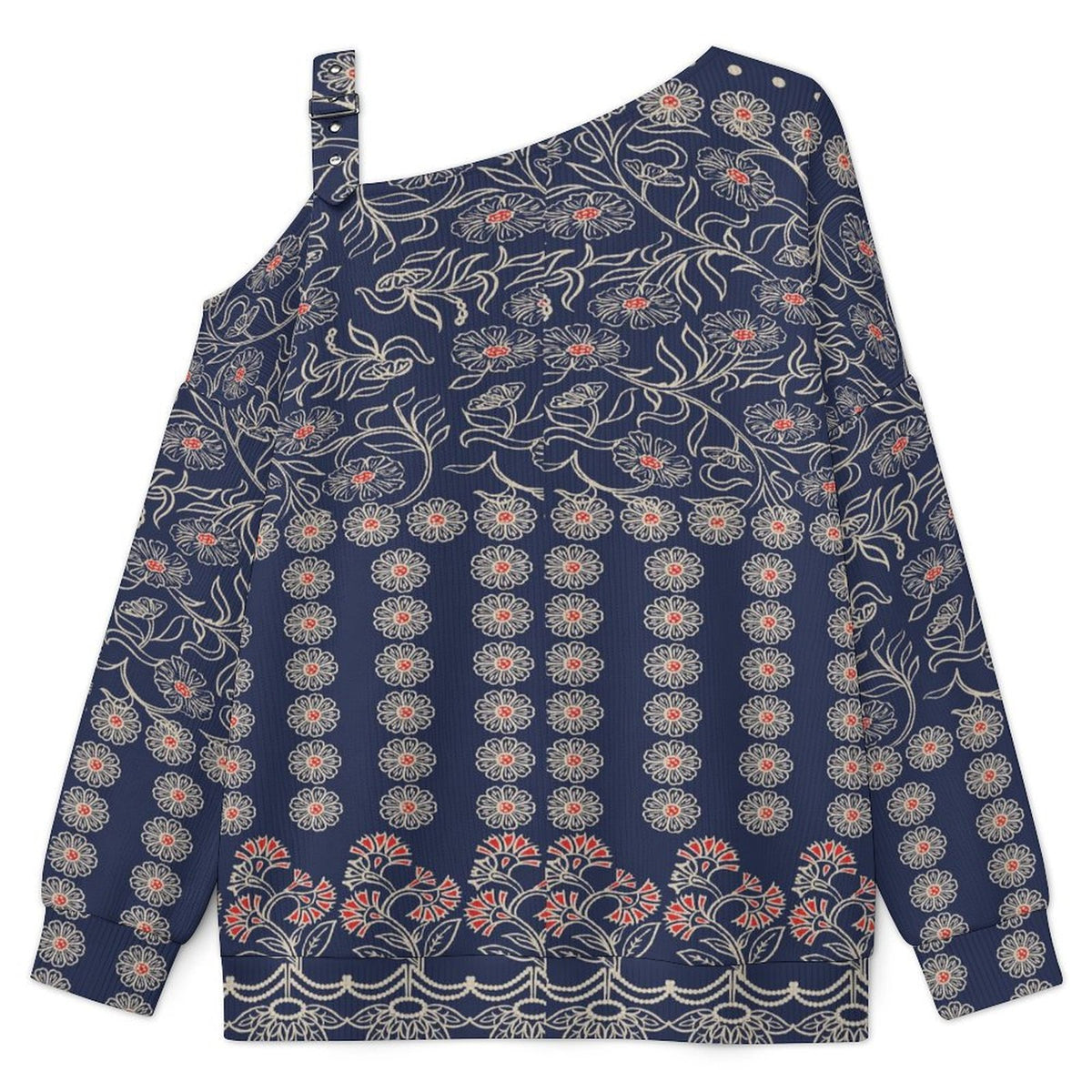 Off-the-shoulder Sweater European Retro Pattern  Asymmetric Cold Shoulder Knit Sweater for Women, Adjustable Buckle Strap Long Sleeve Casual Slouchy Pullover