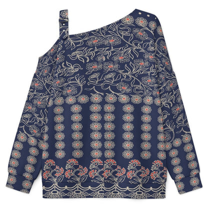 Off-the-shoulder Sweater European Retro Pattern  Asymmetric Cold Shoulder Knit Sweater for Women, Adjustable Buckle Strap Long Sleeve Casual Slouchy Pullover