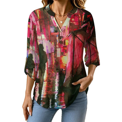 Stand-up Collar Long-sleeved Shirt Watercolor Painting, Late at Night, Lonely  Customization Women’s V-Neck Blouses,long Sleeve,Roll-Up Sleeve Shirt