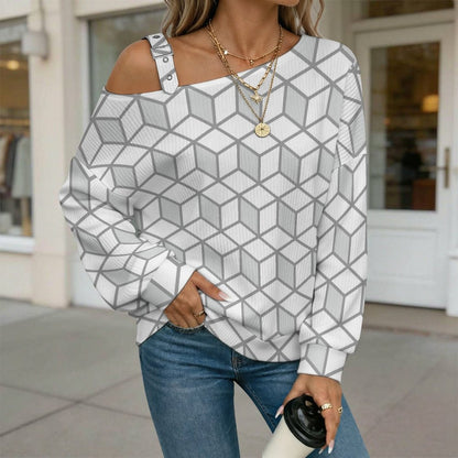 Off-the-shoulder Sweater Geometric Square Graphic Design  Asymmetric Cold Shoulder Knit Sweater for Women, Adjustable Buckle Strap Long Sleeve Casual Slouchy Pullover