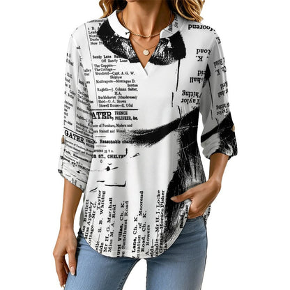 Stand-up Collar Long-sleeved Shirt Newspaper Girl Vintage  Customization Women’s V-Neck Blouses,long Sleeve,Roll-Up Sleeve Shirt
