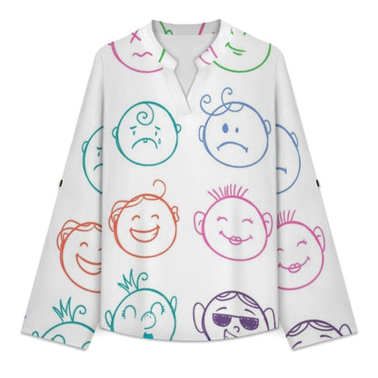 Stand-up Collar Long-sleeved Shirt Color Lines, Cartoon Characters  Customization Women’s V-Neck Blouses,long Sleeve,Roll-Up Sleeve Shirt