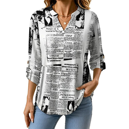 Stand-up Collar Long-sleeved Shirt Newspaper Vintage Dress  Customization Women’s V-Neck Blouses,long Sleeve,Roll-Up Sleeve Shirt