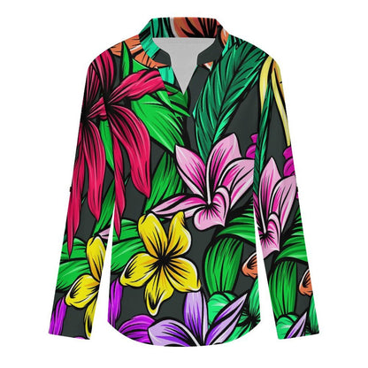 Stand-up Collar Long-sleeved Shirt Colorful Flowers  Customization Women’s V-Neck Blouses,long Sleeve,Roll-Up Sleeve Shirt