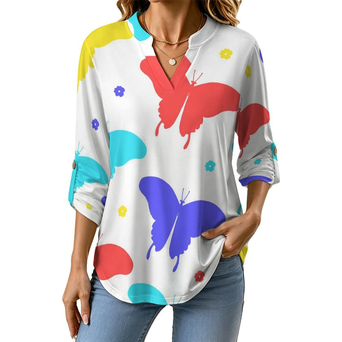 Women's Notched V Neck Tunic Tops, Roll Up 3/4 Sleeve Button Cuff Casual Blouse, Hem Loose Work Shirts  Butterfly-color-red-blue-yellow-repeat