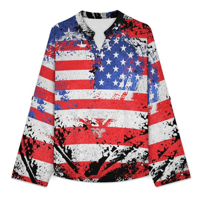 Stand-up Collar Long-sleeved Shirt American Flag Heart  Customization Women’s V-Neck Blouses,long Sleeve,Roll-Up Sleeve Shirt