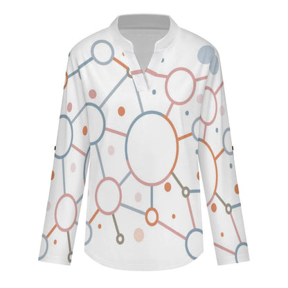 Stand-up Collar Long-sleeved Shirt Web Colored Circle  Customization Women’s V-Neck Blouses,long Sleeve,Roll-Up Sleeve Shirt