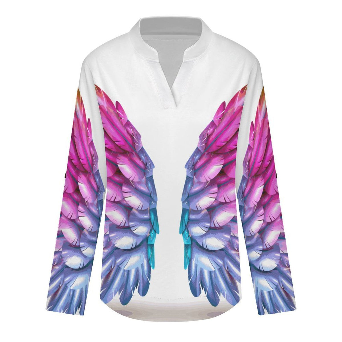 Stand-up Collar Long-sleeved Shirt Colorful Wings, Dreams  Customization Women’s V-Neck Blouses,long Sleeve,Roll-Up Sleeve Shirt
