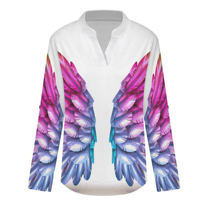 Stand-up Collar Long-sleeved Shirt Colorful Wings, Dreams  Customization Women’s V-Neck Blouses,long Sleeve,Roll-Up Sleeve Shirt