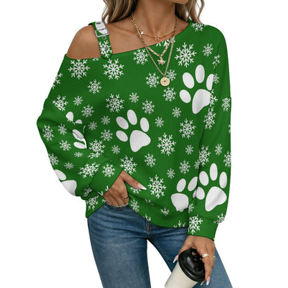 Off-the-shoulder Sweater Christmas Snowflakes Cats And Dogs Paws Snowflakes Green  Asymmetric Cold Shoulder Knit Sweater for Women, Adjustable Buckle Strap Long Sleeve Casual Slouchy Pullover