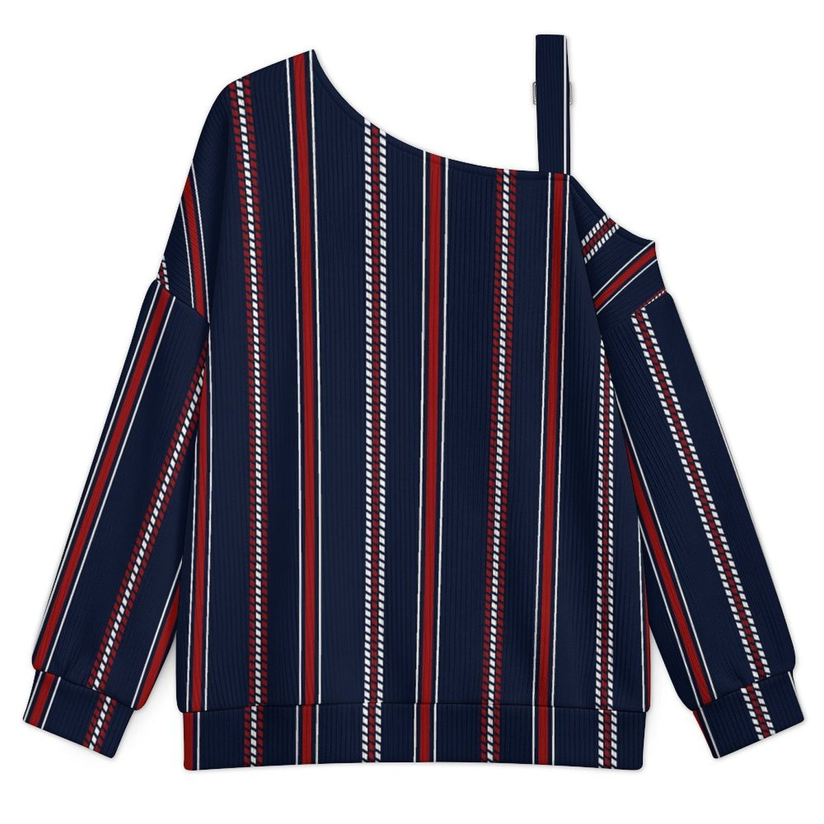Off-the-shoulder Sweater Stripe  Asymmetric Cold Shoulder Knit Sweater for Women, Adjustable Buckle Strap Long Sleeve Casual Slouchy Pullover