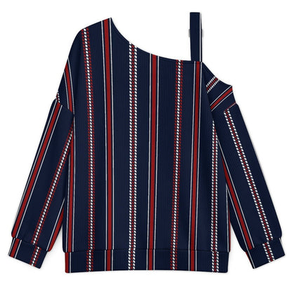 Off-the-shoulder Sweater Stripe  Asymmetric Cold Shoulder Knit Sweater for Women, Adjustable Buckle Strap Long Sleeve Casual Slouchy Pullover