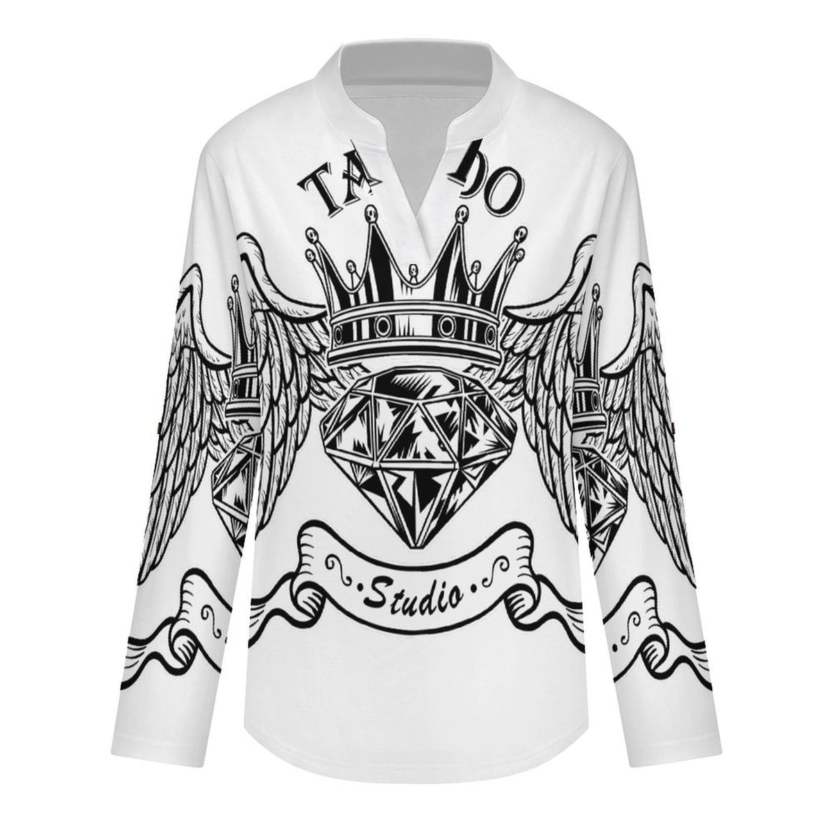 Stand-up Collar Long-sleeved Shirt Diamonds, Wings  Customization Women’s V-Neck Blouses,long Sleeve,Roll-Up Sleeve Shirt