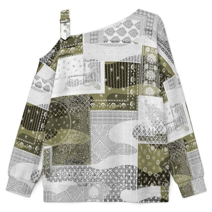 Off-the-shoulder Sweater Exotic Ethnic Patterns  Asymmetric Cold Shoulder Knit Sweater for Women, Adjustable Buckle Strap Long Sleeve Casual Slouchy Pullover