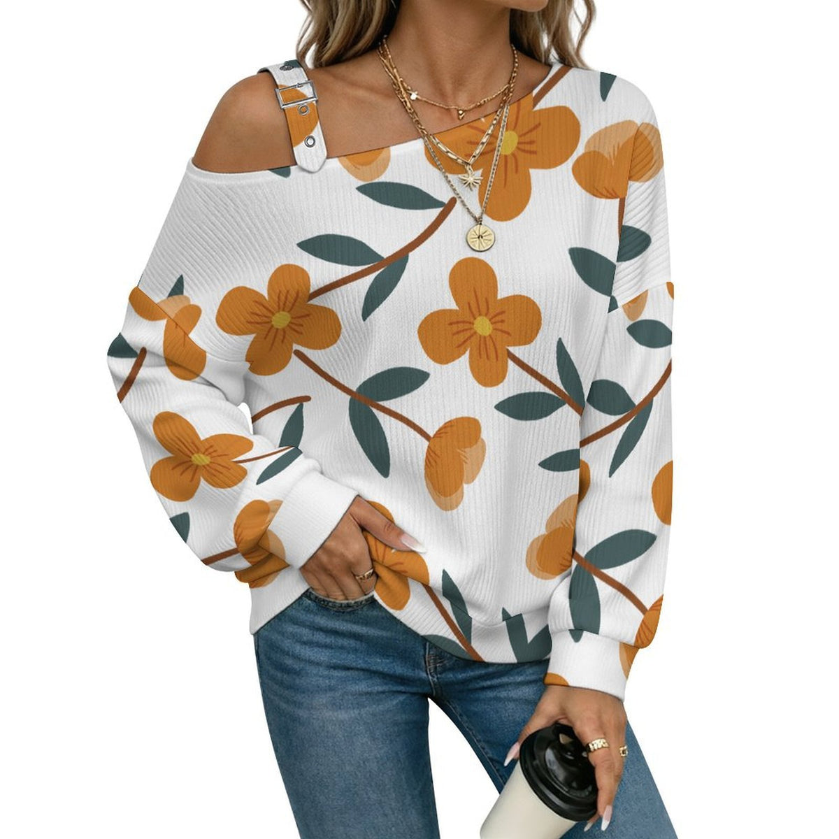 Off-the-shoulder Sweater Orange Flower Tile Decorative Pattern  Asymmetric Cold Shoulder Knit Sweater for Women, Adjustable Buckle Strap Long Sleeve Casual Slouchy Pullover