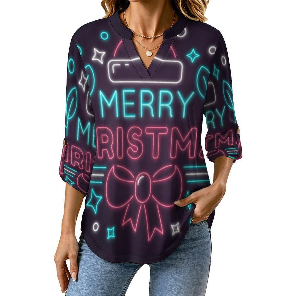 Stand-up Collar Long-sleeved Shirt Merry Christmas  Customization Women’s V-Neck Blouses,long Sleeve,Roll-Up Sleeve Shirt