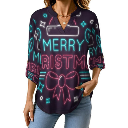 Stand-up Collar Long-sleeved Shirt Merry Christmas  Customization Women’s V-Neck Blouses,long Sleeve,Roll-Up Sleeve Shirt