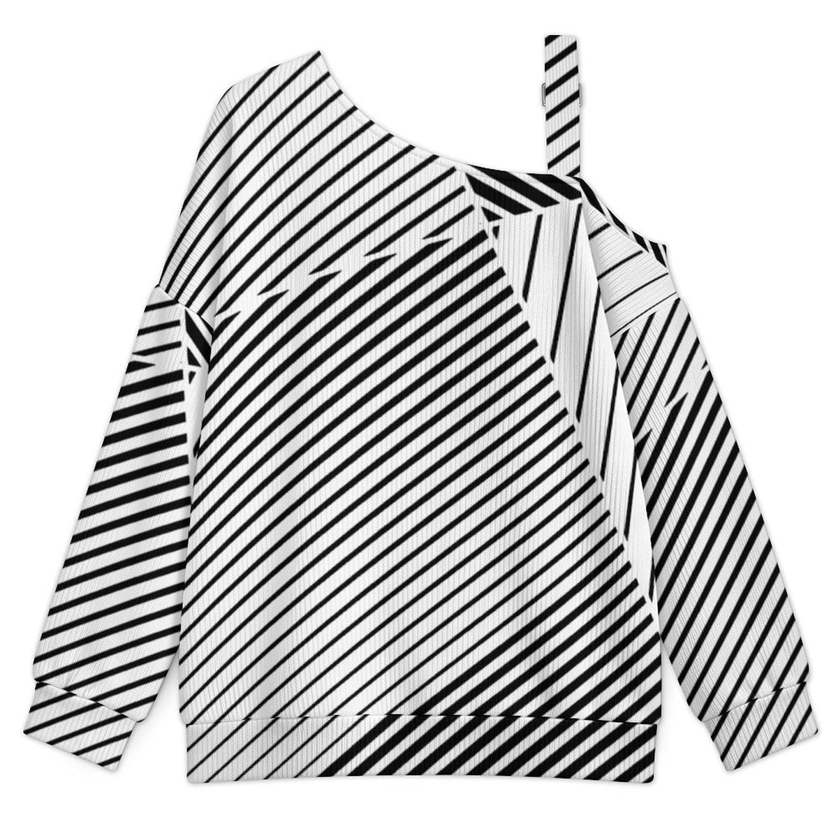 Off-the-shoulder Sweater Stripe  Asymmetric Cold Shoulder Knit Sweater for Women, Adjustable Buckle Strap Long Sleeve Casual Slouchy Pullover