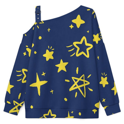 Off-the-shoulder Sweater Pattern-Stars-Cute-Tile Pattern-Blue  Asymmetric Cold Shoulder Knit Sweater for Women, Adjustable Buckle Strap Long Sleeve Casual Slouchy Pullover