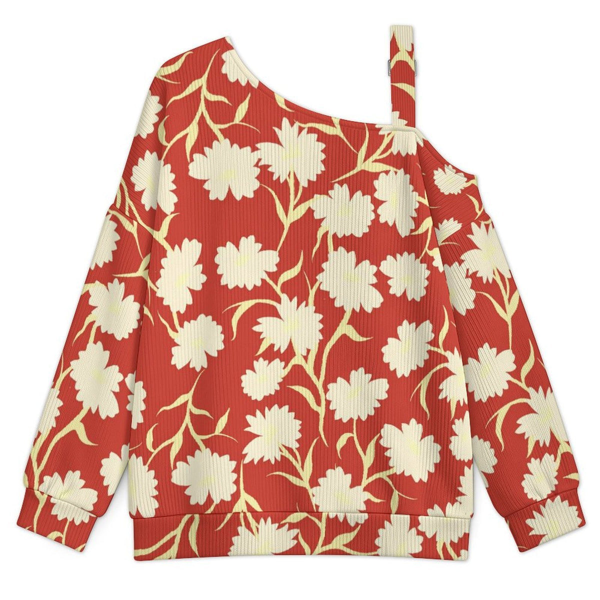 Off-the-shoulder Sweater Red Flower  Asymmetric Cold Shoulder Knit Sweater for Women, Adjustable Buckle Strap Long Sleeve Casual Slouchy Pullover