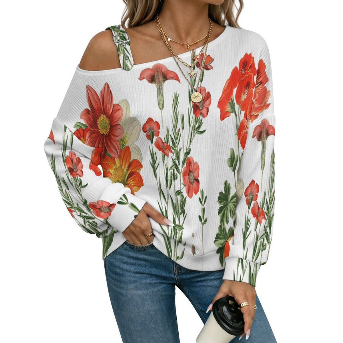 Off-the-shoulder Sweater Flowers  Asymmetric Cold Shoulder Knit Sweater for Women, Adjustable Buckle Strap Long Sleeve Casual Slouchy Pullover
