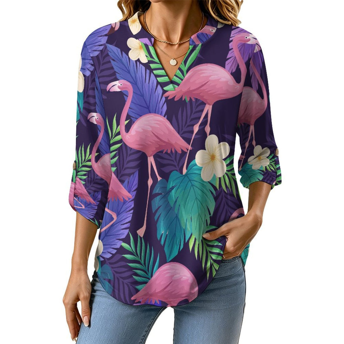 Stand-up Collar Long-sleeved Shirt Color, Leaves, Summer, Red Crowned Crane  Customization Women’s V-Neck Blouses,long Sleeve,Roll-Up Sleeve Shirt