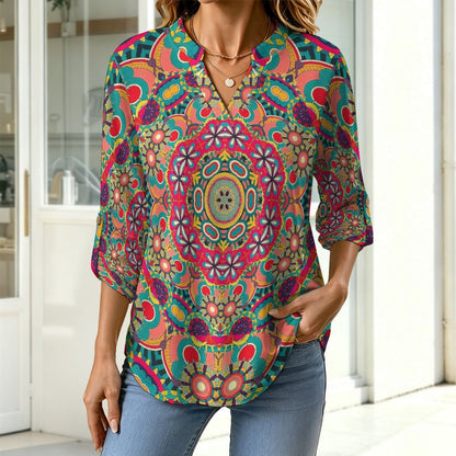 Stand-up Collar Long-sleeved Shirt Summer, Surfing, Seaside  Customization Women’s V-Neck Blouses,long Sleeve,Roll-Up Sleeve Shirt