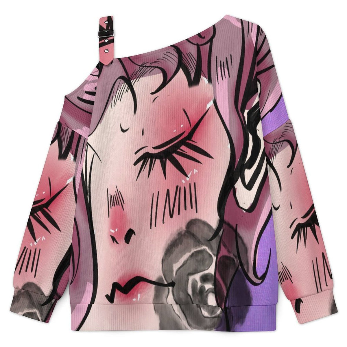 Off-the-shoulder Sweater Rose Girl,cool Girl  Asymmetric Cold Shoulder Knit Sweater for Women, Adjustable Buckle Strap Long Sleeve Casual Slouchy Pullover