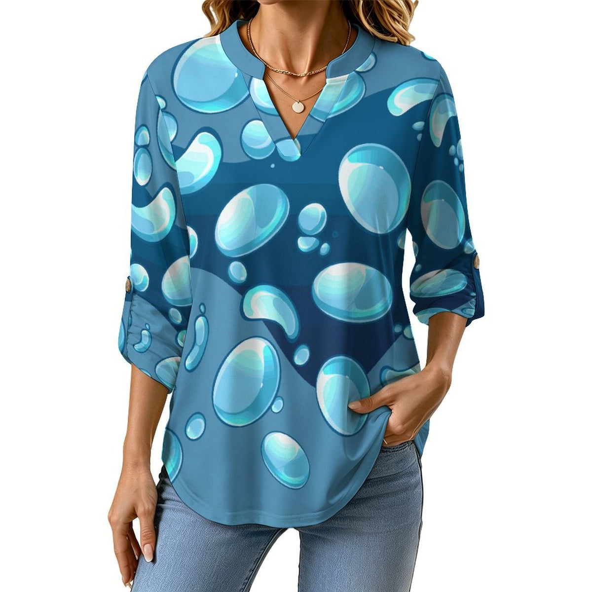 Women Curved Hem V Neck Roll Sleeve Casual Work Top  Blue Water Droplets