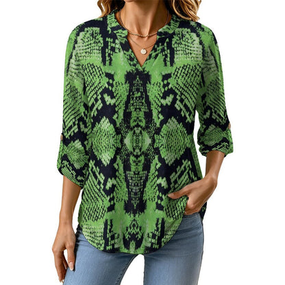Snakeskin Pattern, Repeating Pattern  Versatile Notched V-Neck Tunic | Roll Tab 3/4 Sleeve Office Casual Top