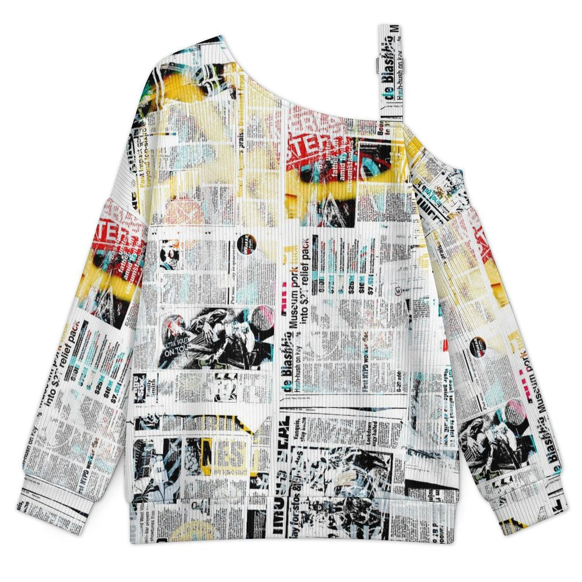 Buckle Strap Asymmetrical Off Shoulder Knit Sweater Newspaper