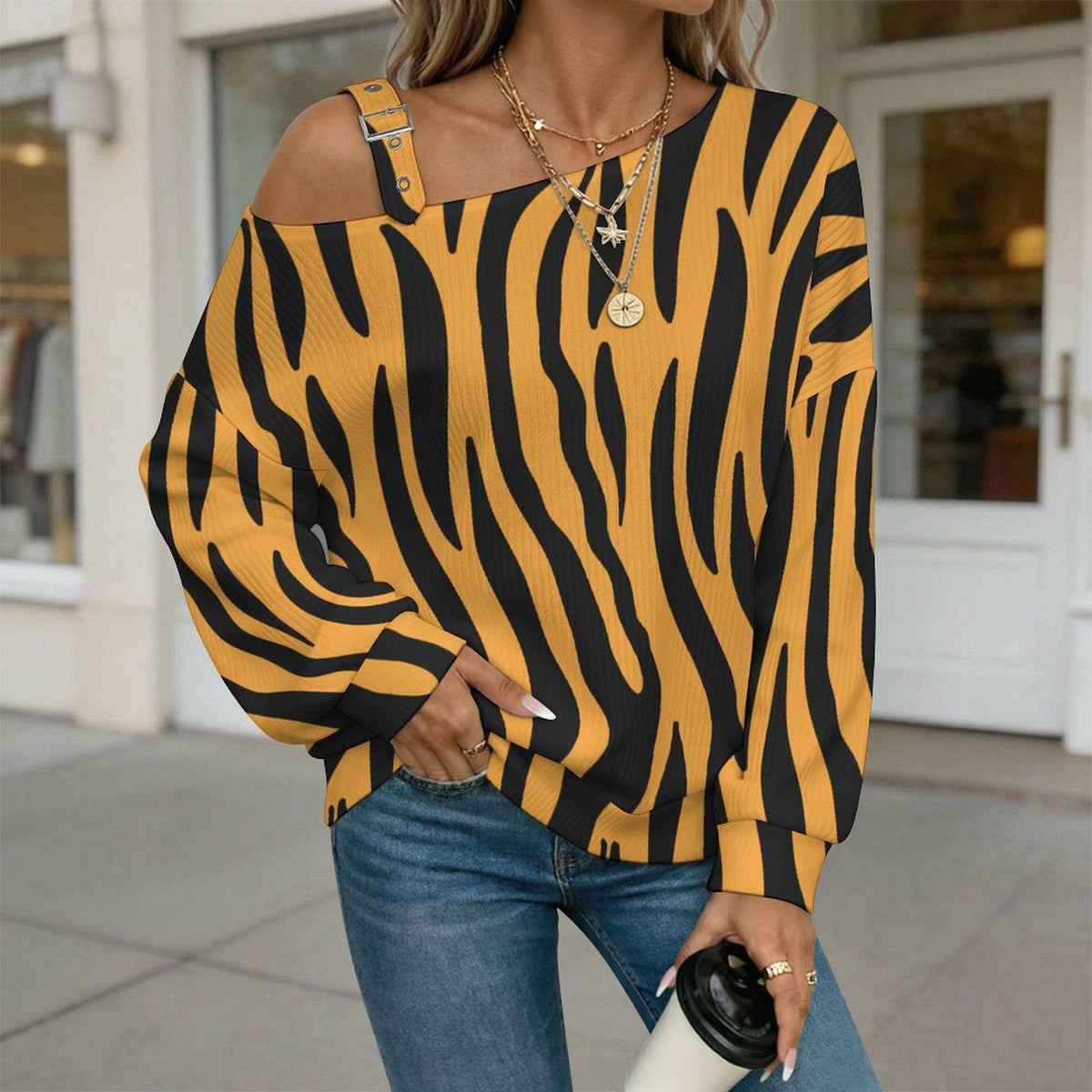 Yellow Tiger Pattern, Background Fall Casual Asymmetric Shoulder Knit Top with Buckle Detail