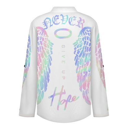 Stand-up Collar Long-sleeved Shirt Colorful Wings, Hope  Customization Women’s V-Neck Blouses,long Sleeve,Roll-Up Sleeve Shirt