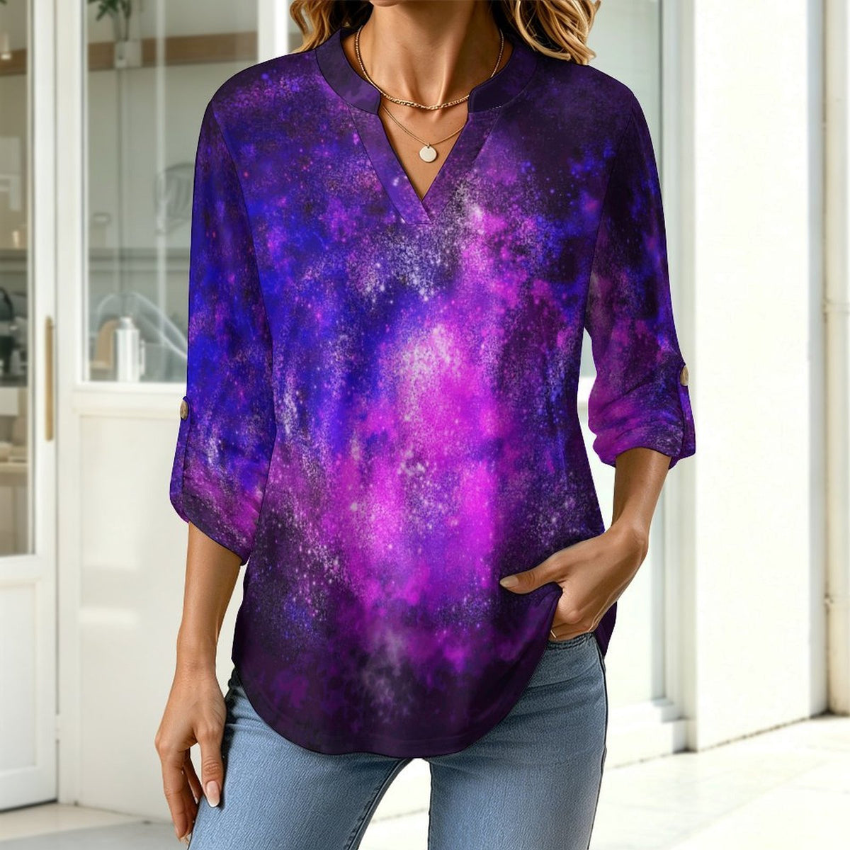 Stand-up Collar Long-sleeved Shirt Purple Starry Sky, Clouds  Customization Women’s V-Neck Blouses,long Sleeve,Roll-Up Sleeve Shirt