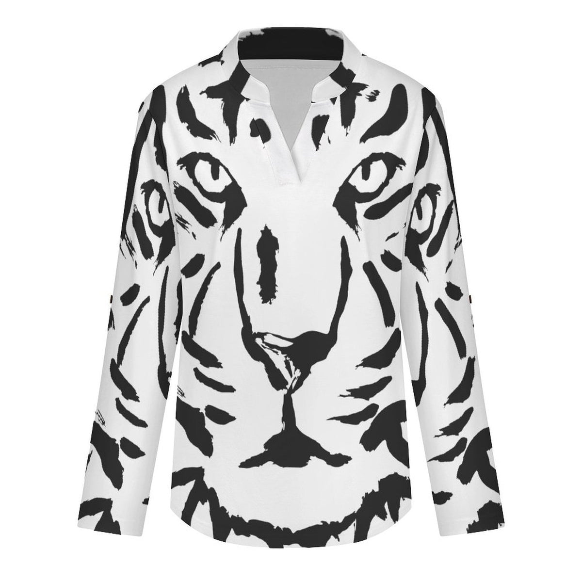 Stand-up Collar Long-sleeved Shirt Tiger, Retro Pattern  Customization Women’s V-Neck Blouses,long Sleeve,Roll-Up Sleeve Shirt