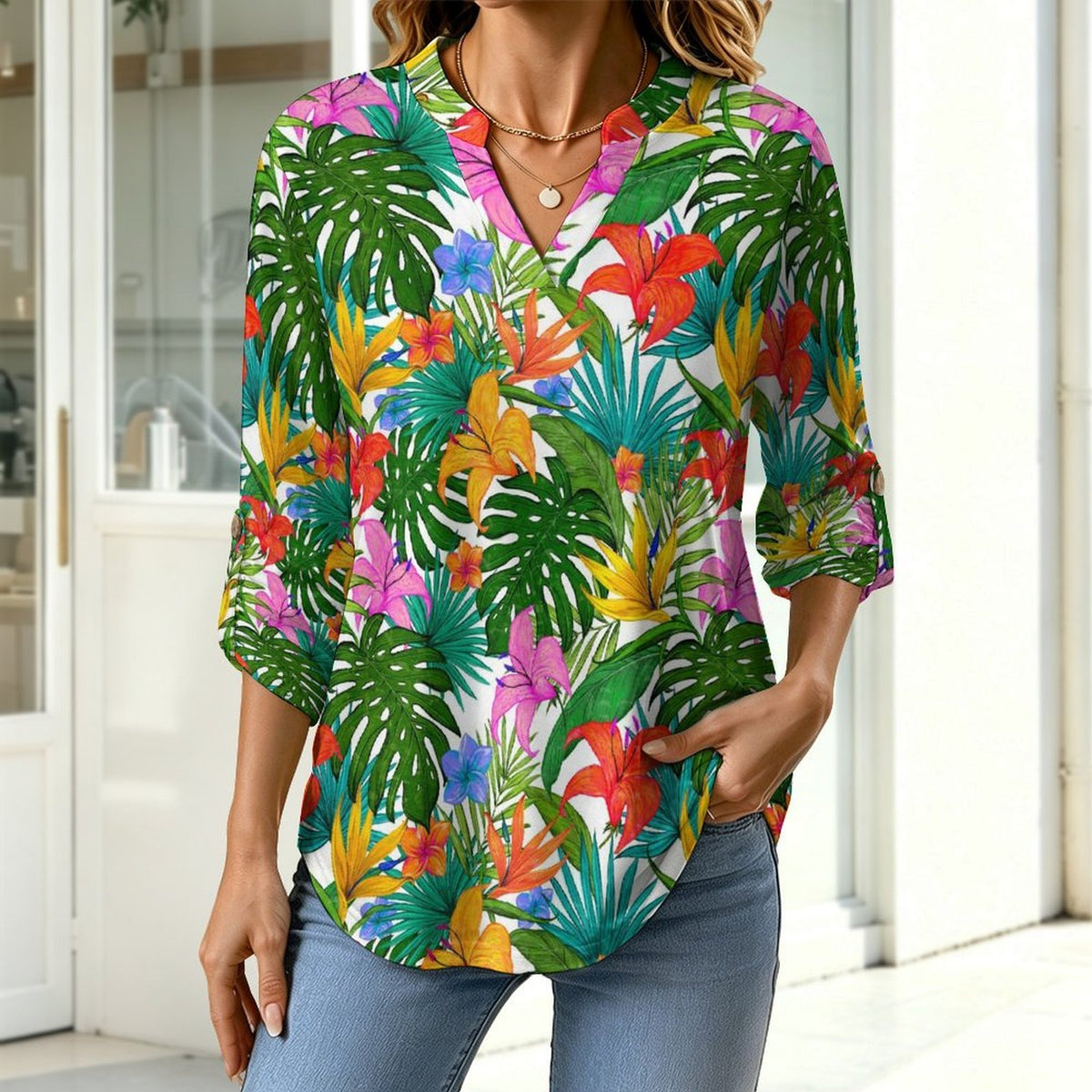 Stand-up Collar Long-sleeved Shirt Colorful Flowers And Green Leaves  Customization Women’s V-Neck Blouses,long Sleeve,Roll-Up Sleeve Shirt
