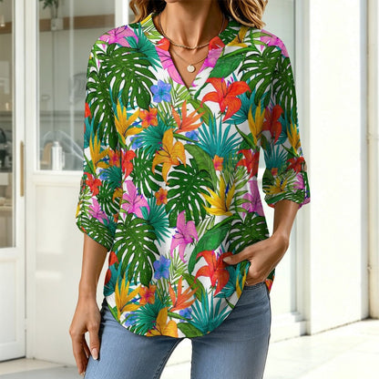 Stand-up Collar Long-sleeved Shirt Colorful Flowers And Green Leaves  Customization Women’s V-Neck Blouses,long Sleeve,Roll-Up Sleeve Shirt