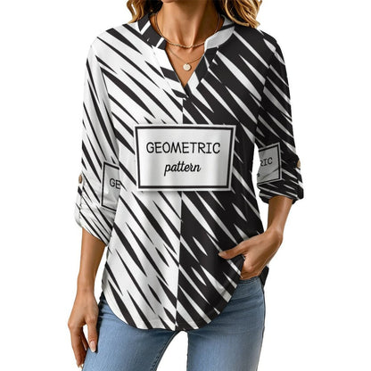 Versatile Notched V-Neck Tunic  Roll Tab 3/4 Sleeve Office Casual Top  Black And White Twill
