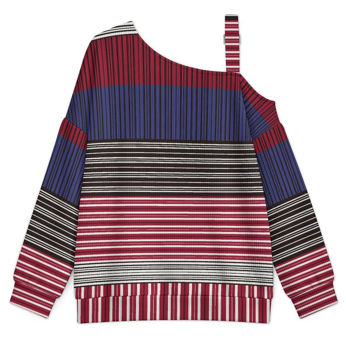 Off-the-shoulder Sweater Fashion Stripe  Asymmetric Cold Shoulder Knit Sweater for Women, Adjustable Buckle Strap Long Sleeve Casual Slouchy Pullover