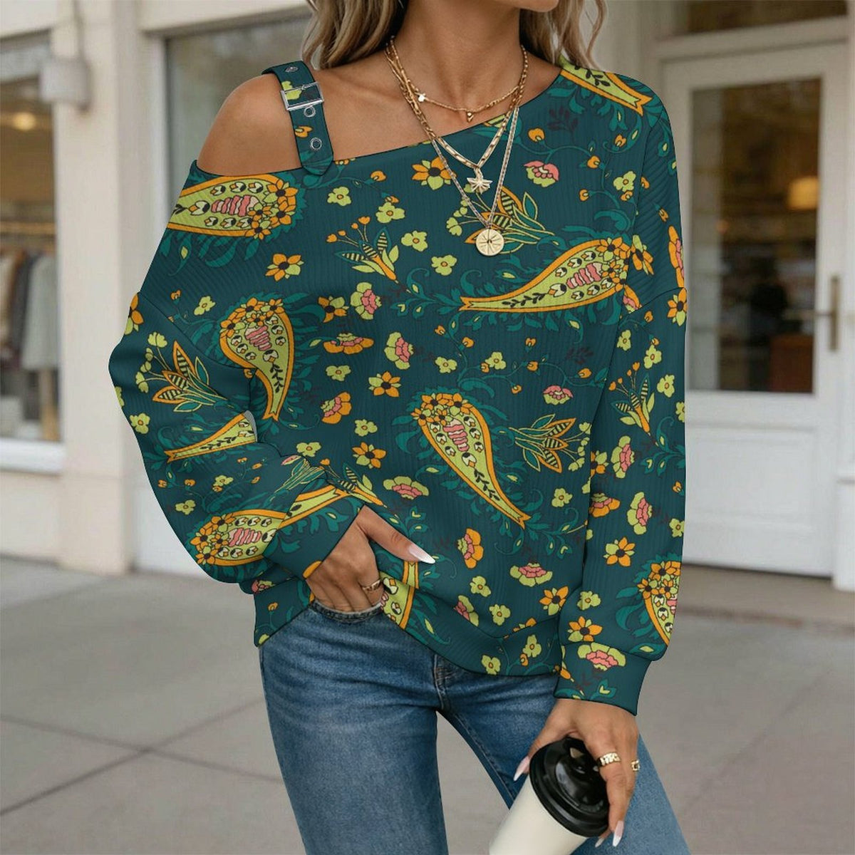 Off-the-shoulder Sweater European Retro Pattern  Asymmetric Cold Shoulder Knit Sweater for Women, Adjustable Buckle Strap Long Sleeve Casual Slouchy Pullover