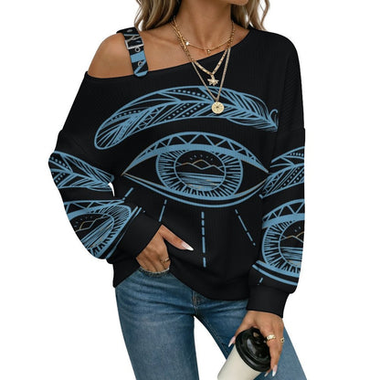 Off-the-shoulder Sweater Feathers Eye  Asymmetric Cold Shoulder Knit Sweater for Women, Adjustable Buckle Strap Long Sleeve Casual Slouchy Pullover