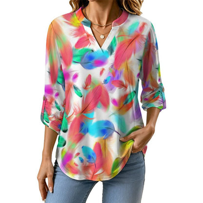Colorful Feathers Roll Tab 3/4 Sleeve Notched V Neck Tunic Blouse
