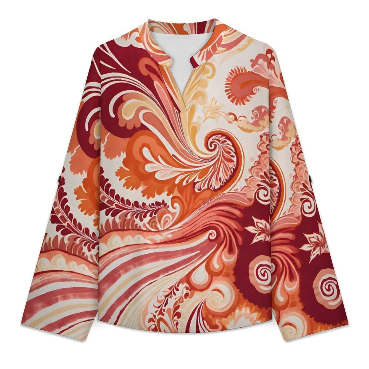 Stand-up Collar Long-sleeved Shirt Tie Dye Stripes  Women’s V-Neck Blouses