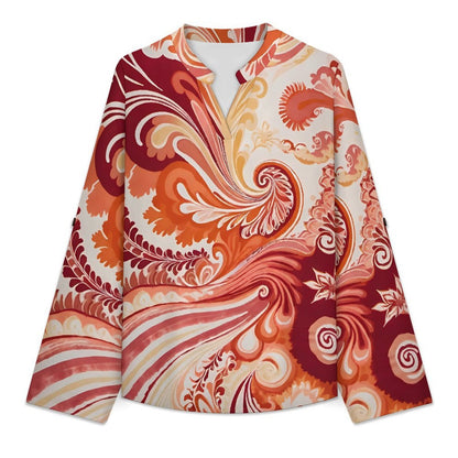 Stand-up Collar Long-sleeved Shirt Tie Dye Stripes  Women’s V-Neck Blouses