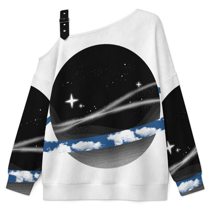 Off-the-shoulder Sweater Planet-cloud-starry Sky-blue-black  Asymmetric Cold Shoulder Knit Sweater for Women, Adjustable Buckle Strap Long Sleeve Casual Slouchy Pullover