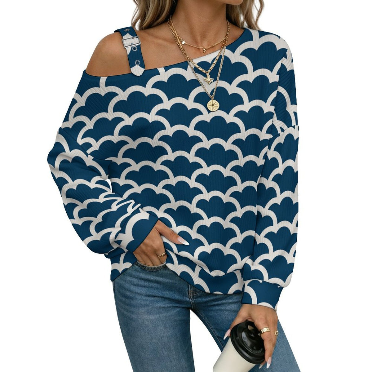 Women’s Off-Shoulder Knit Sweater Retro Pattern Background
