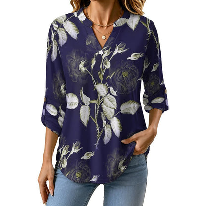 Purple, Flowers, Patterns Roll Tab 3/4 Sleeve Notched V Neck Tunic Blouse