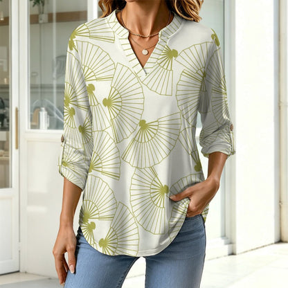 Green Fan Pattern Roll Tab 3/4 Sleeve Notched V Neck Tunic Blouse