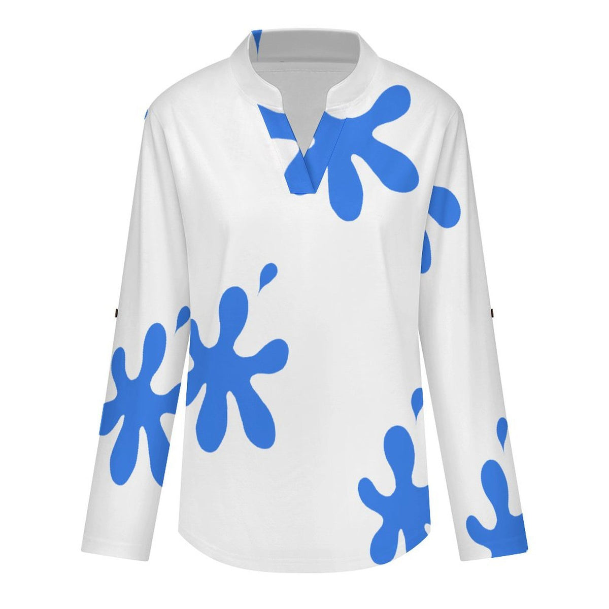 Women's Notched V Neck Tunic Tops, Roll Up 3/4 Sleeve Button Cuff Casual Blouse, Hem Loose Work Shirts  Blue Stains, Repeating Pattern