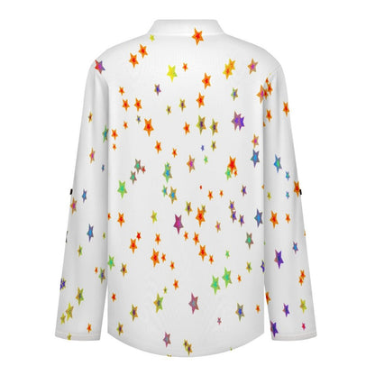 Colored Stars Roll Tab 3/4 Sleeve Notched V Neck Tunic Blouse